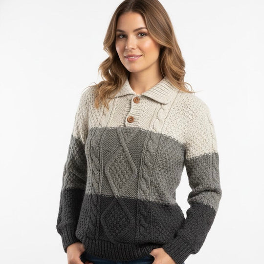 Grey and White Cayambe Alpaca Cable Knit Sweater