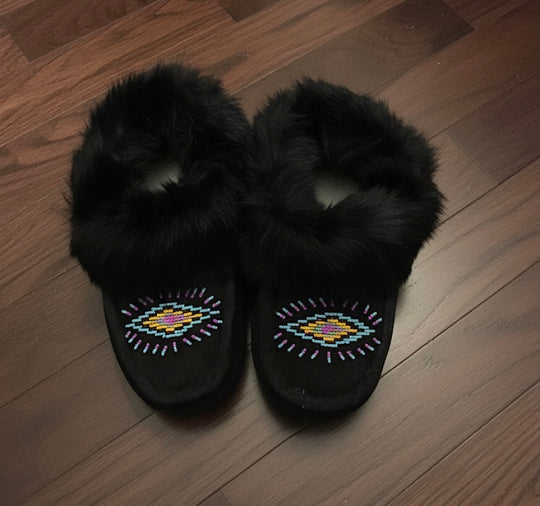 Black Moccasins with Green and Pink Beadwork (Size 7)