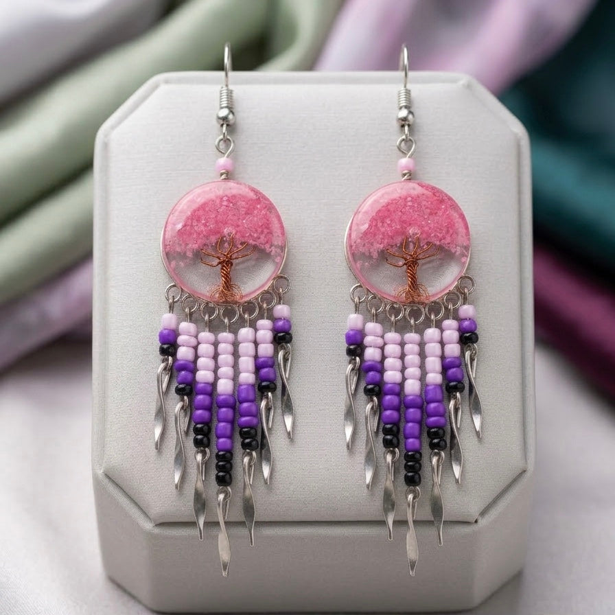 OLDTRIBES™ Tree of life Crushed Chip Stone Pink Earrings