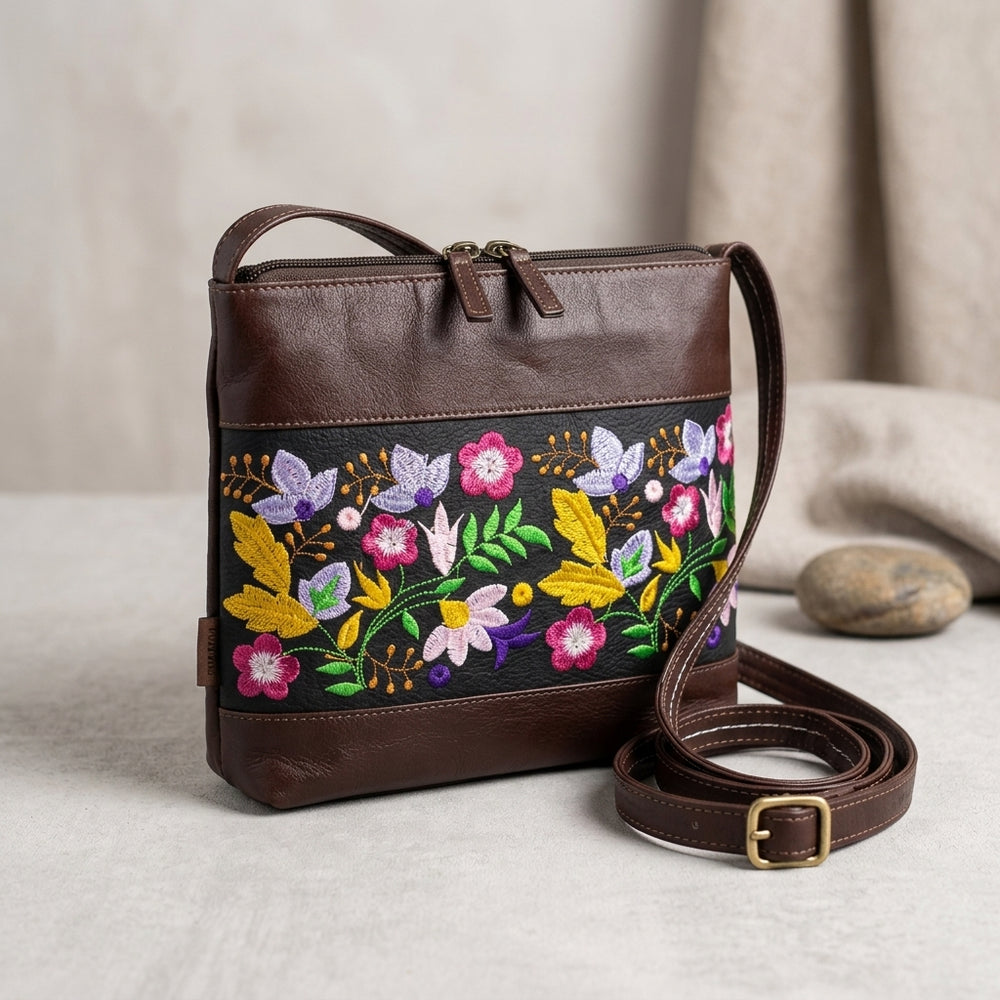 Windflower Embroidered Leather Crossbody Bag