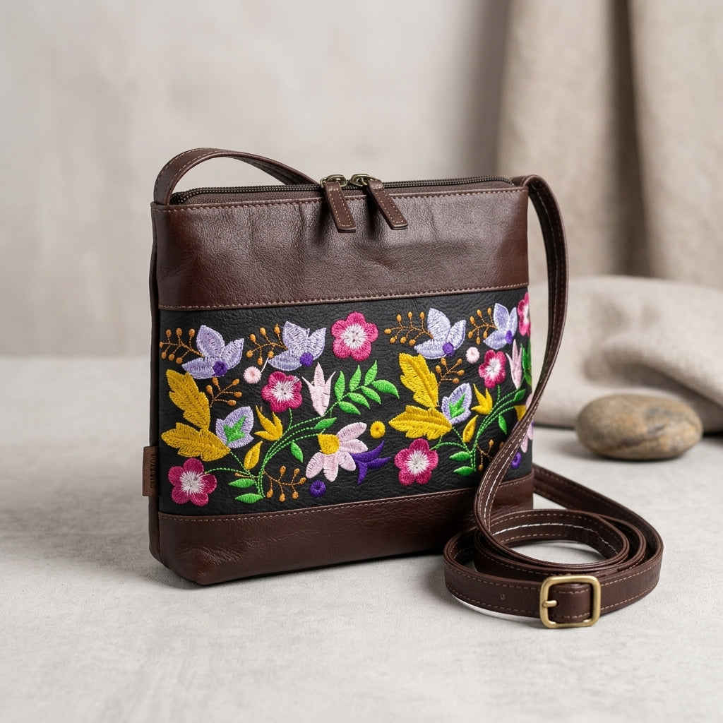 Windflower Embroidered Leather Crossbody Bag