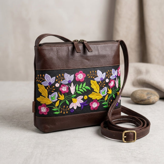 Windflower Embroidered Leather Crossbody Bag