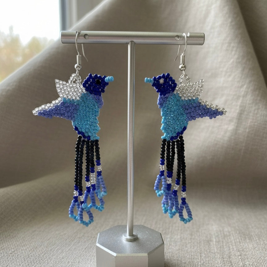 Handmade Beaded Hummingbird Earrings – Turquoise & Black