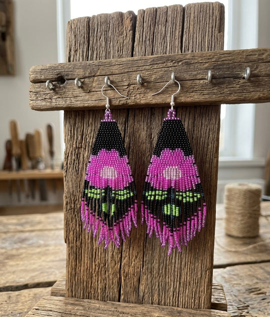 Flower Beaded Earrings ( Pink )
