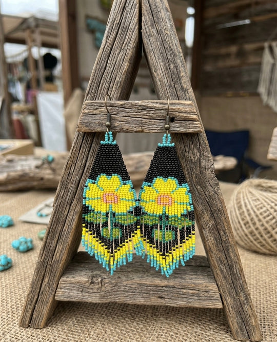 Flower Beaded Earrings ( Yellow )