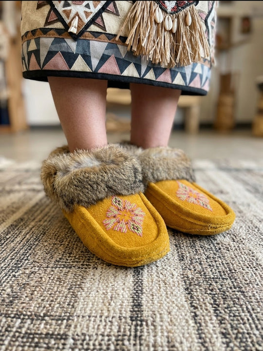 Yellow Moccasins with Beadwork (Size 7)