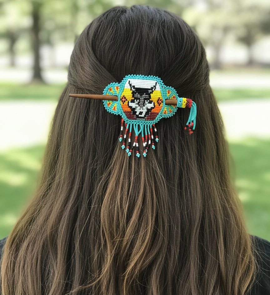 Wolf Fringed Beaded Barrette & Wooden Stick