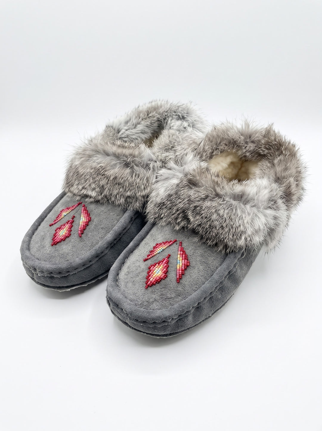 Grey Moccasins with Beadwork (Size 8)