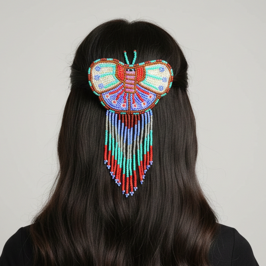Butterfly Beaded Barrettes with Fringes White& Purple