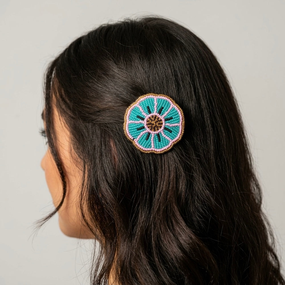 Turquoise Beaded Flower Barrette