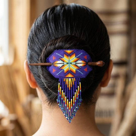 Feathers Fringed Beaded Barrette &amp; Wooden Stick