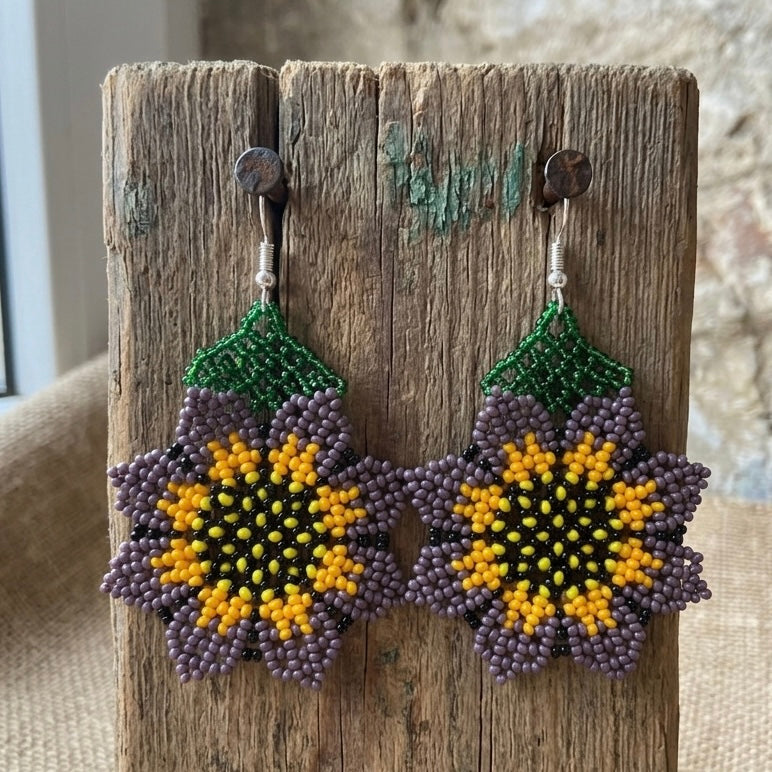 Sunflower Beaded Earrings (Purple)