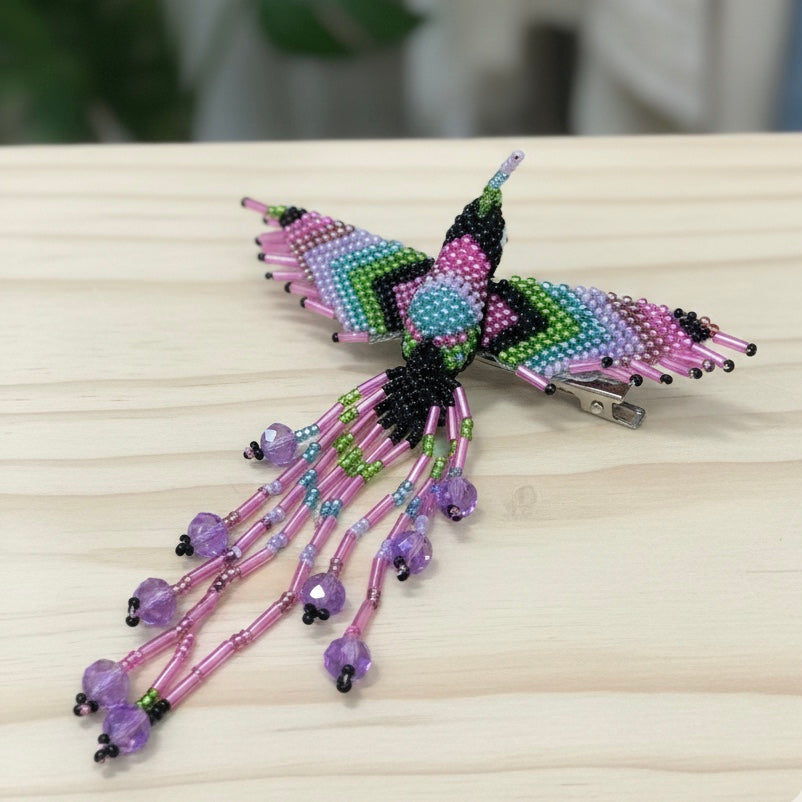 Black pink and green Hummingbird Barrette with Fringes