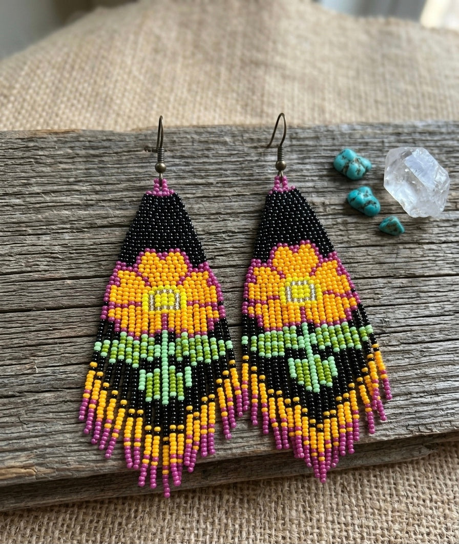 Flower Beaded Earrings ( Yellow )