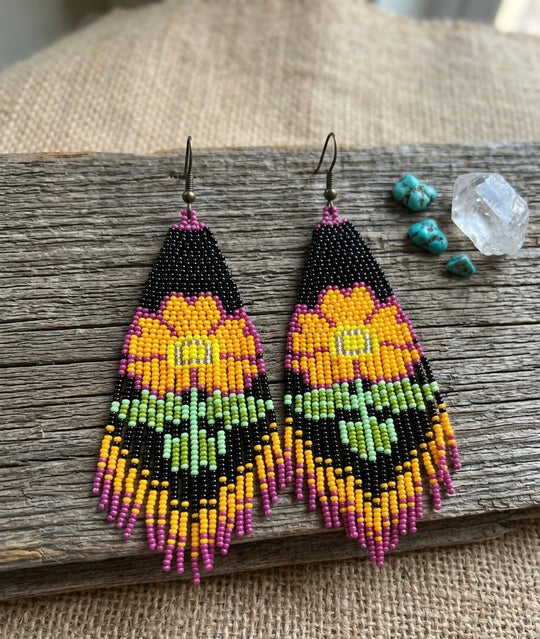 Flower Beaded Earrings ( Yellow )