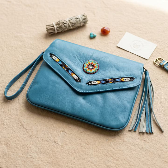Leather beaded Crossbody bag(Turquoise )