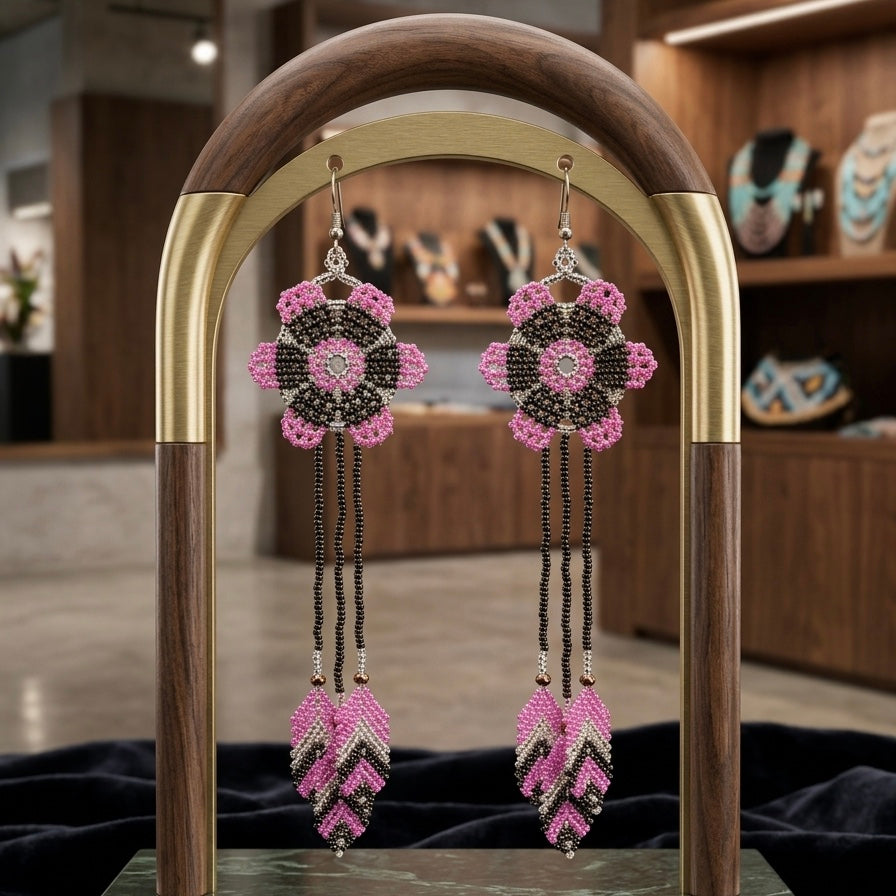 Sun Feather Bloom Beaded Earrings- brown/pink/silver