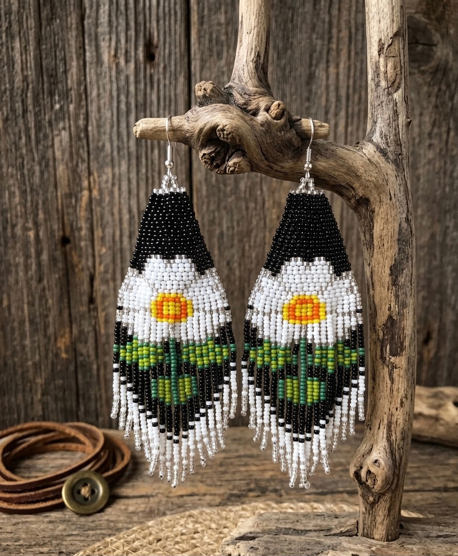Flower Beaded Earrings ( White )