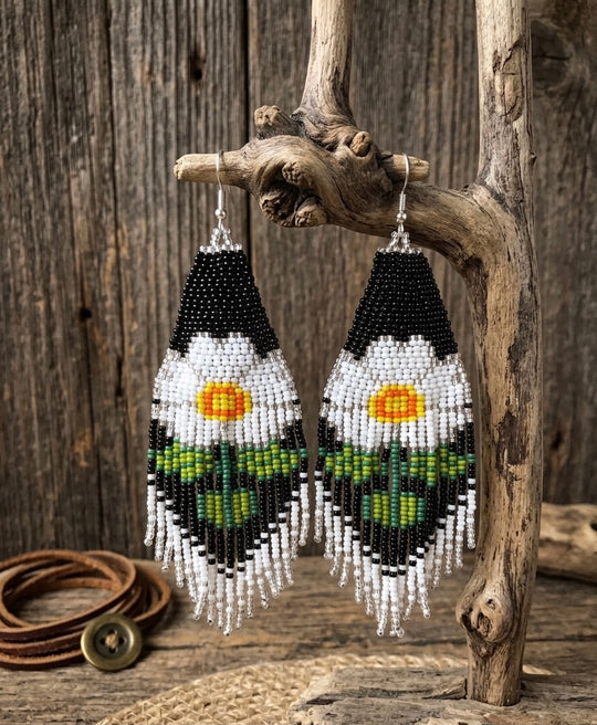 Flower Beaded Earrings ( White )