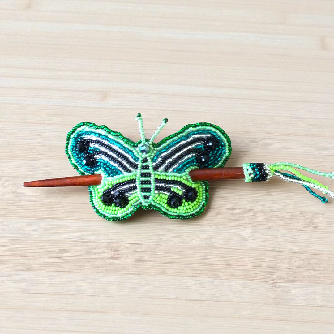Green Handmade Beaded Butterfly Barrete