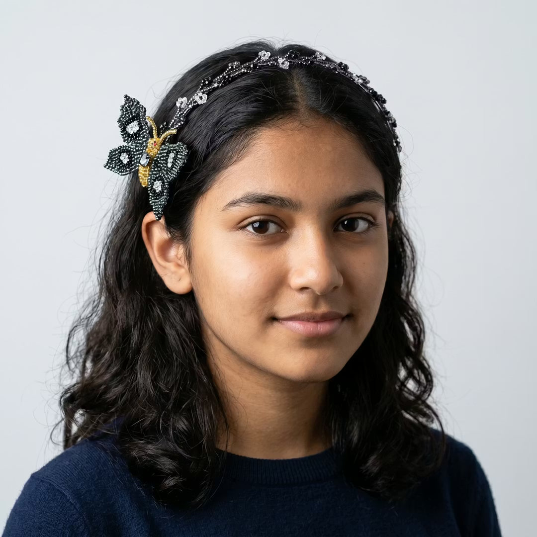 Beaded Headband with Butterfly Black