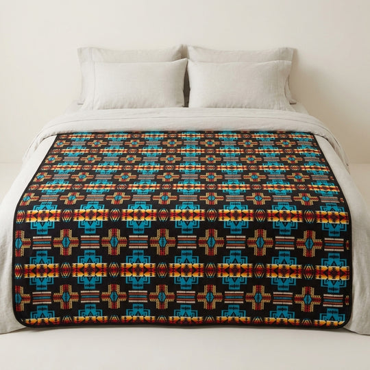 Southwestern Style Sherpa-Lined Queen Blanket(Black and Turquoise )