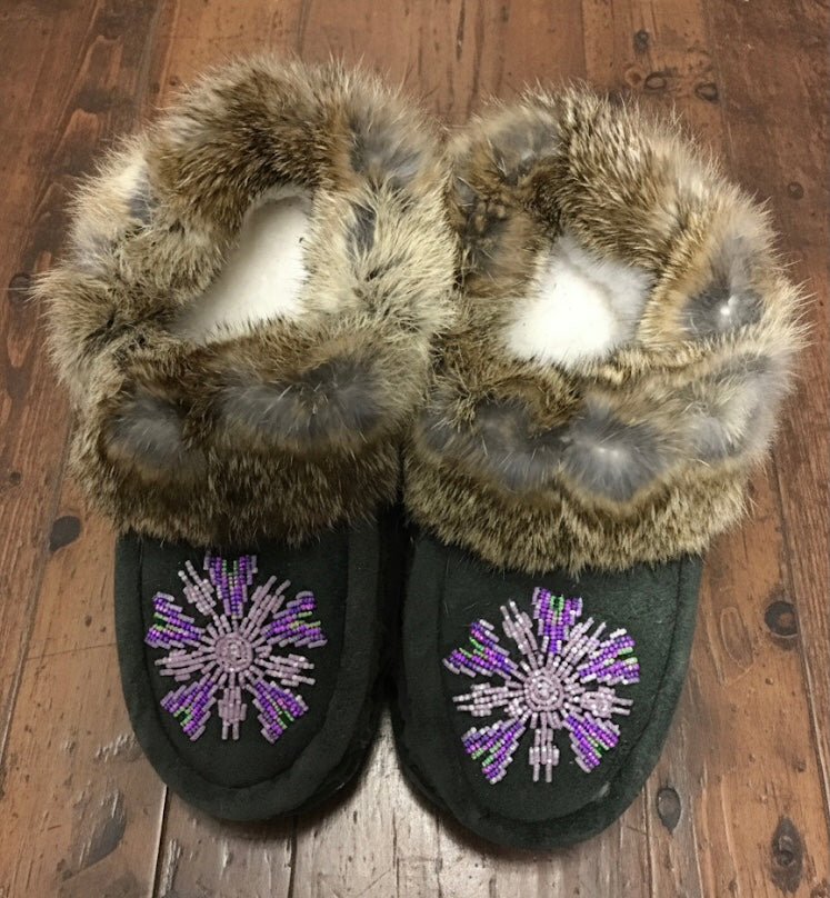 Black and Green Moccasins with Beadwork (Size 10)
