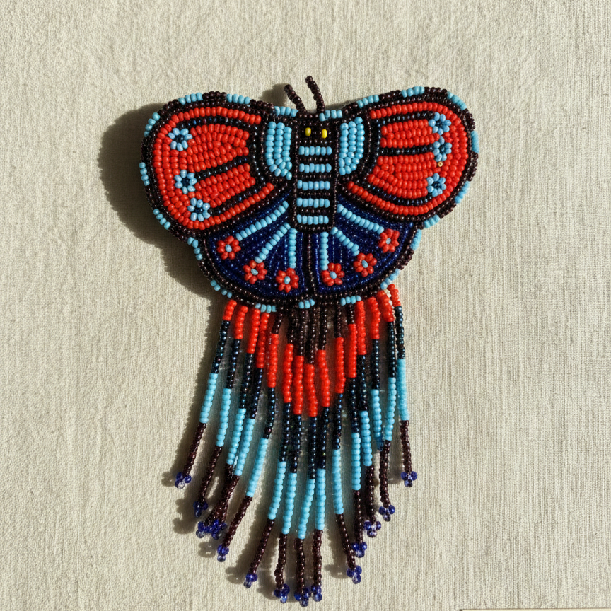 Butterfly Beaded Barrettes with Fringes - Sky Blue & Red