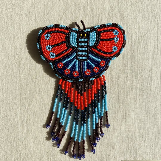 Butterfly Beaded Barrettes with Fringes - Sky Blue & Red
