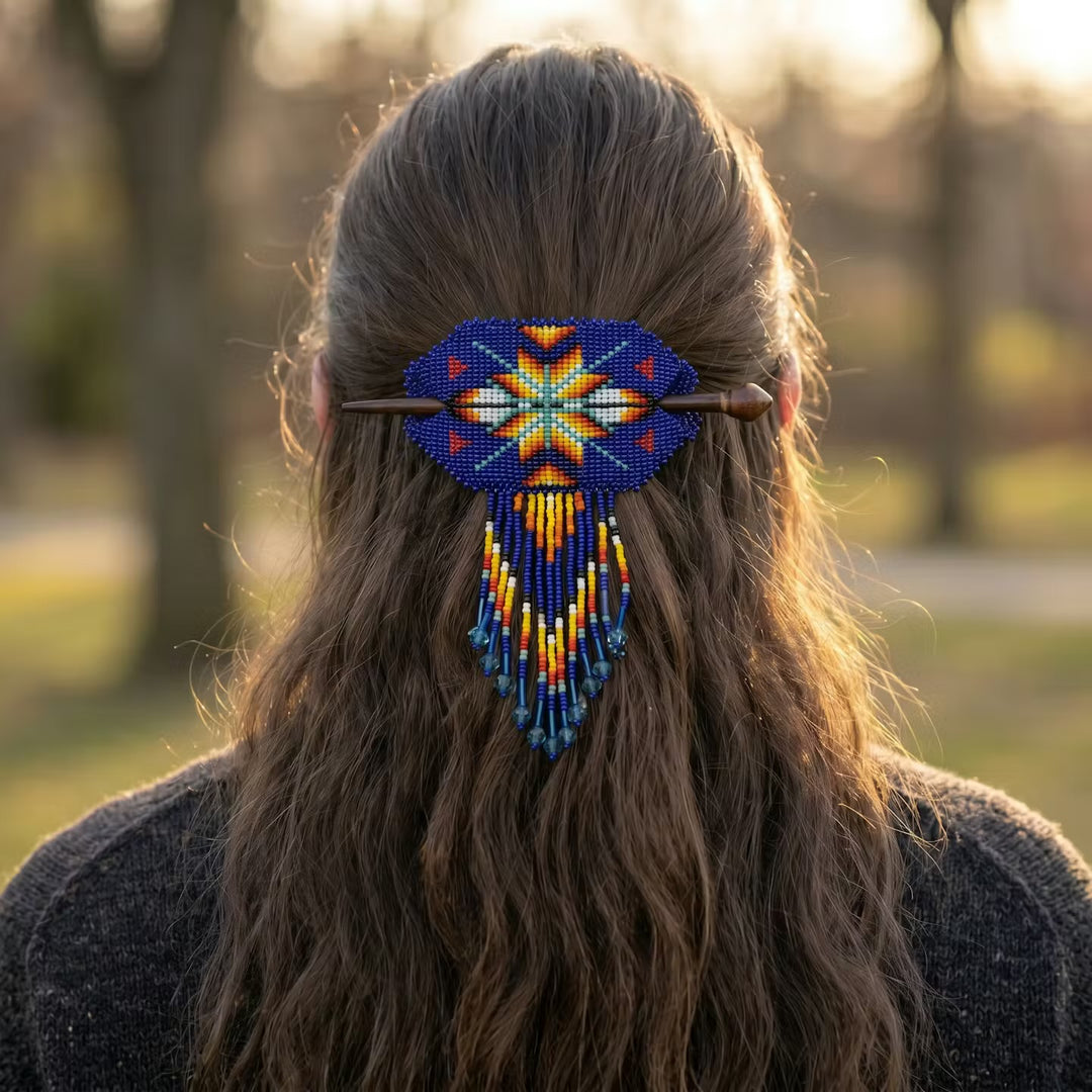 Feathers Fringed Beaded Barrette & Wooden Stick