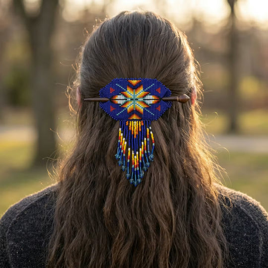 Feathers Fringed Beaded Barrette & Wooden Stick