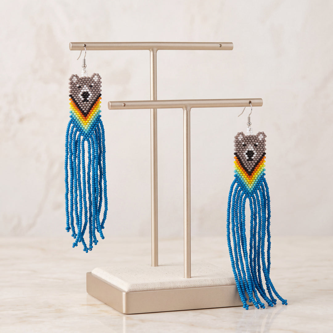 Blue Native Bear Beaded Earrings