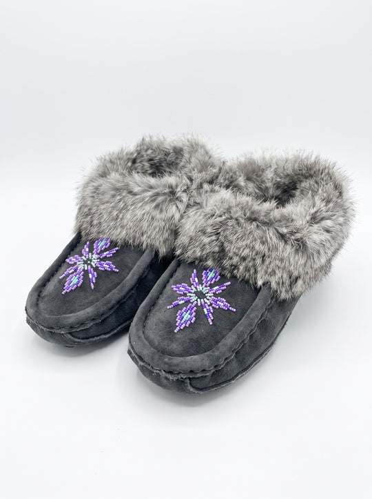 Grey Moccasins with Beadwork (Size 8)