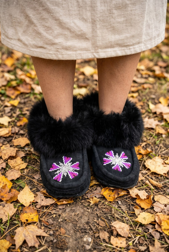 Black Moccasins with Beadwork (Size 8)