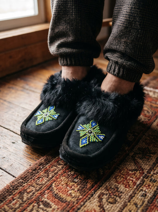 Black Moccasins with Beadwork (Size 10)
