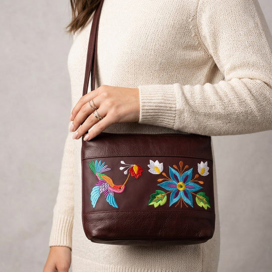 Hummingbird Embroidered Leather Crossbody Bag