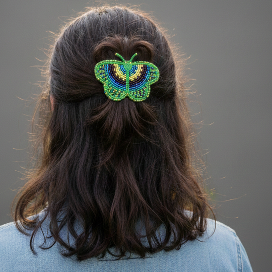 Turquoise and Yellow Butterfly Beaded Barrette