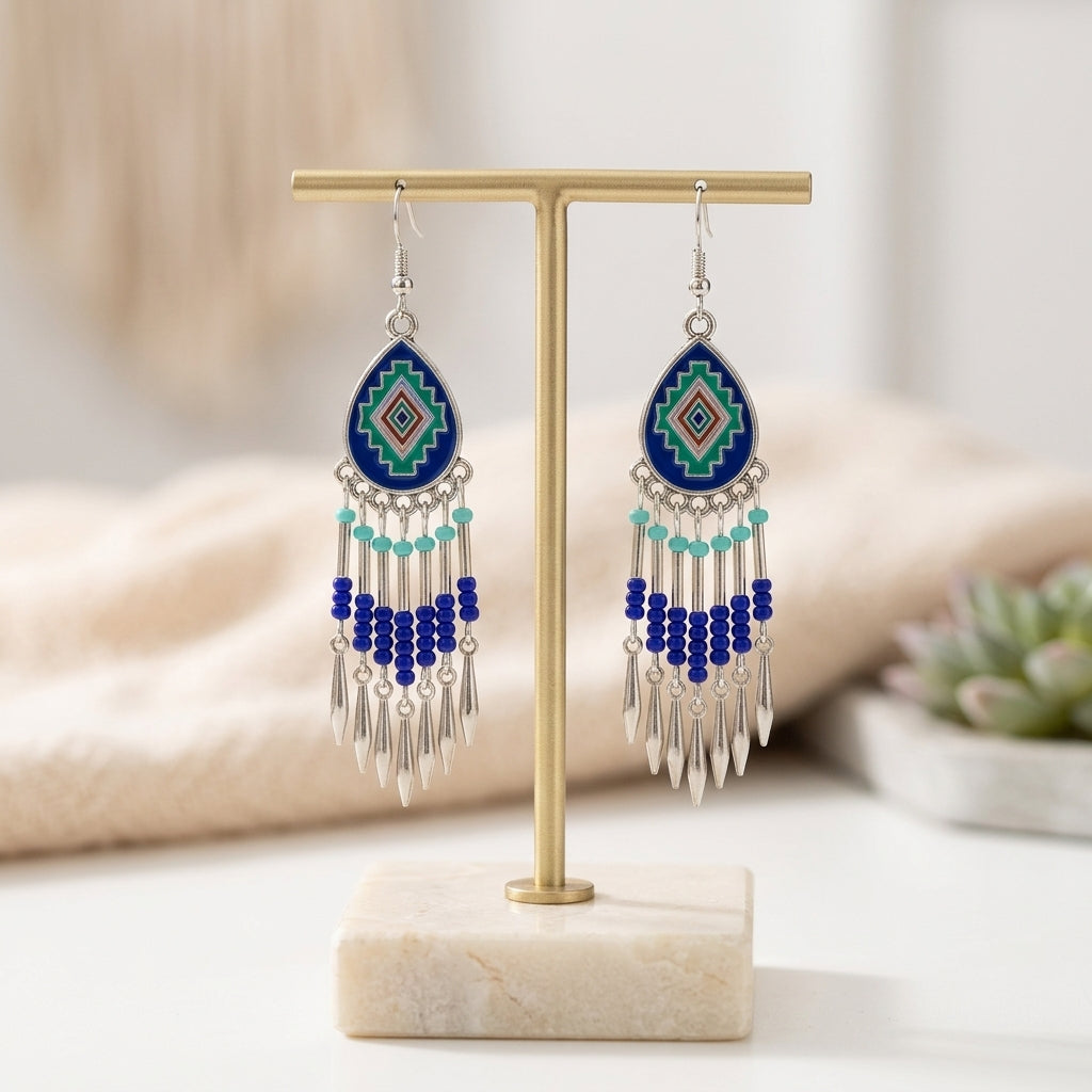 Southwestern Fringe Drop Earrings(Blue)