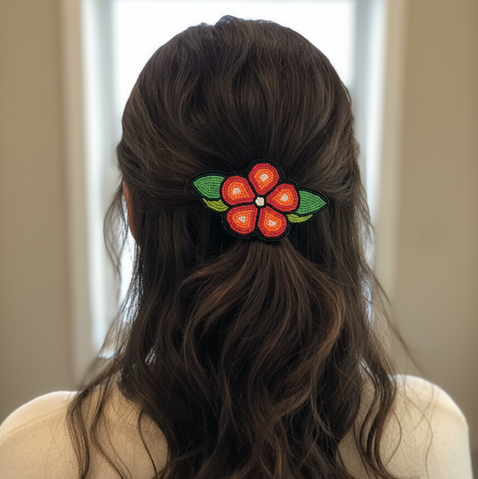 Brown and Red Beaded Flower Barrette