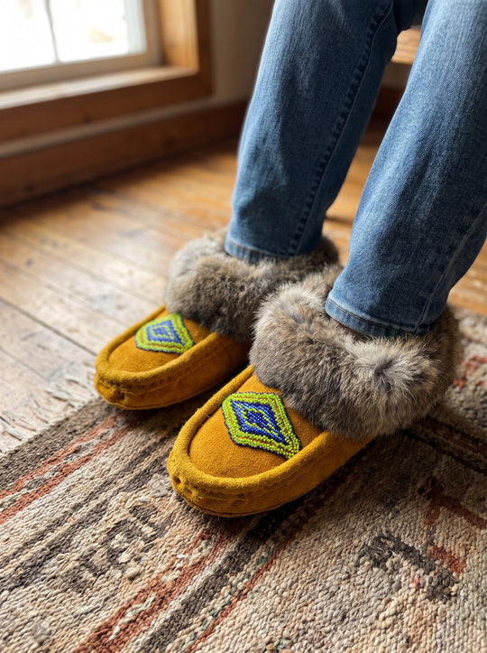 Yellow Moccasins with Beadwork (Size 8)