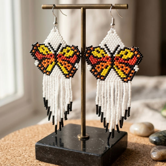 White Beaded Dancing Wing Earrings