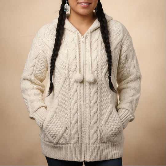 White Cayambe Alpaca Cable Knit Sweater