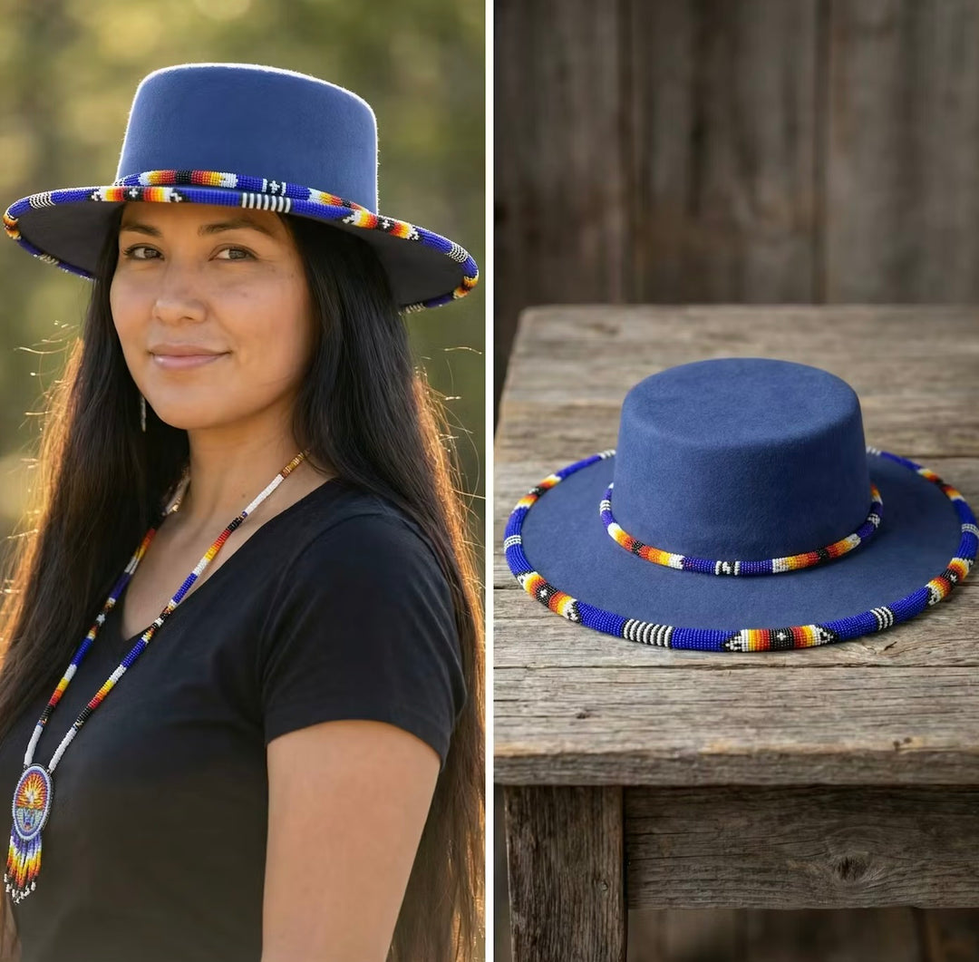 Size-60 Beaded Flat-Brim Felt Hats