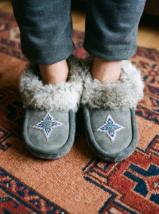 Grey Moccasins with Beadwork (Size 8)