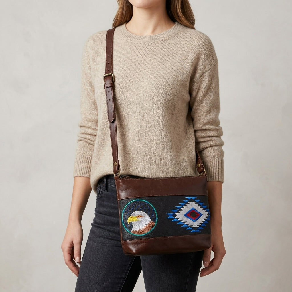 Eagle Embroidered Leather Crossbody Bag