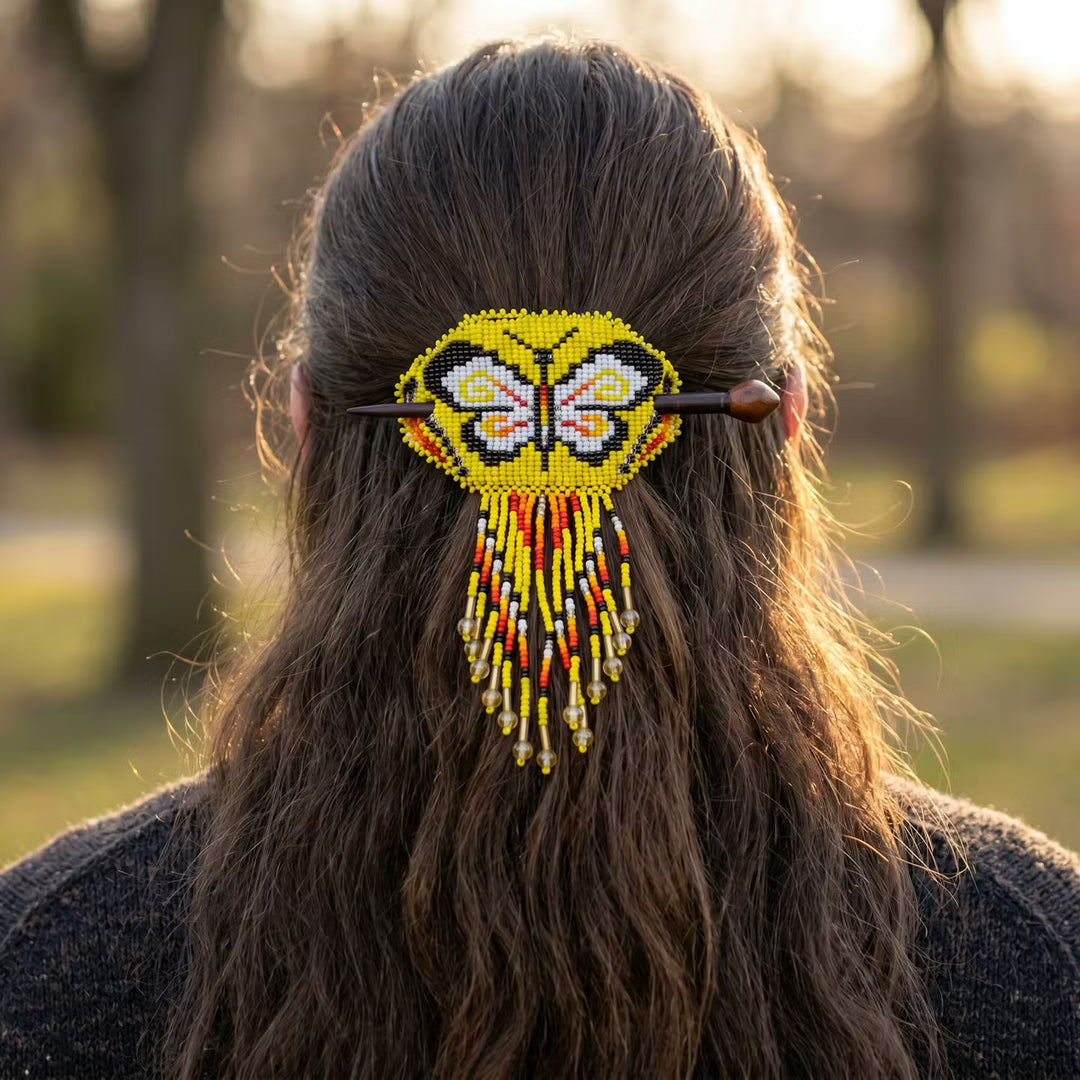 Butterfly Fringed Beaded Barrette & Wooden Stick