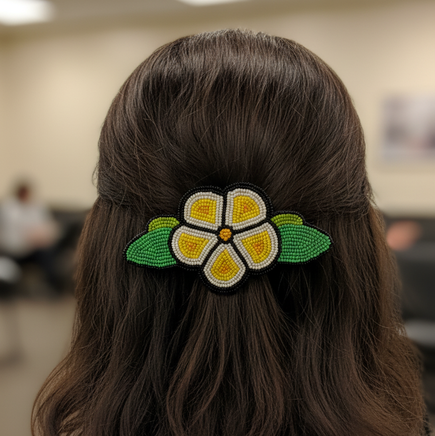 Yellow and Black Beaded Flower Barrette