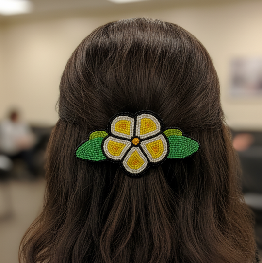 Yellow and Black Beaded Flower Barrette