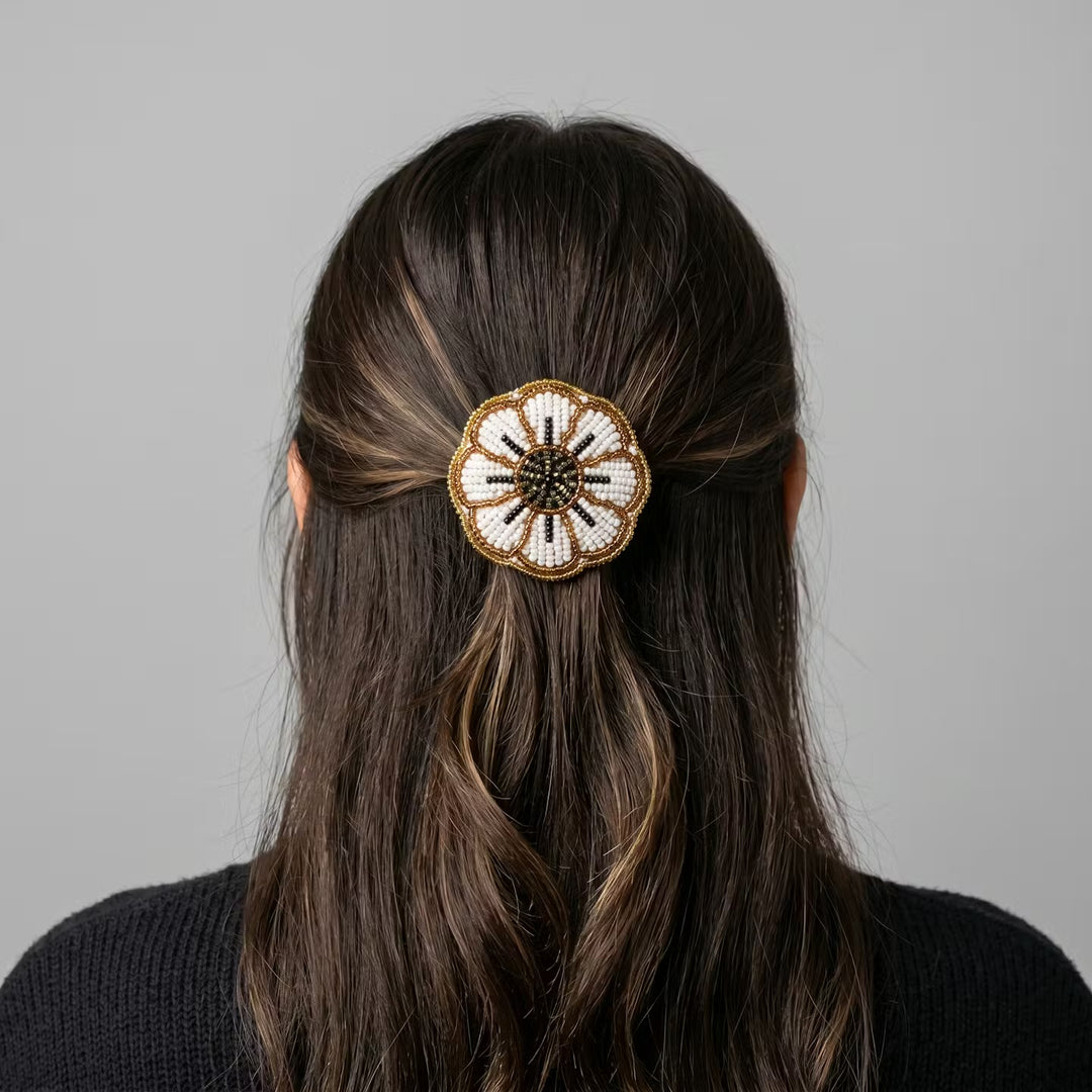 White Beaded Flower Barrette