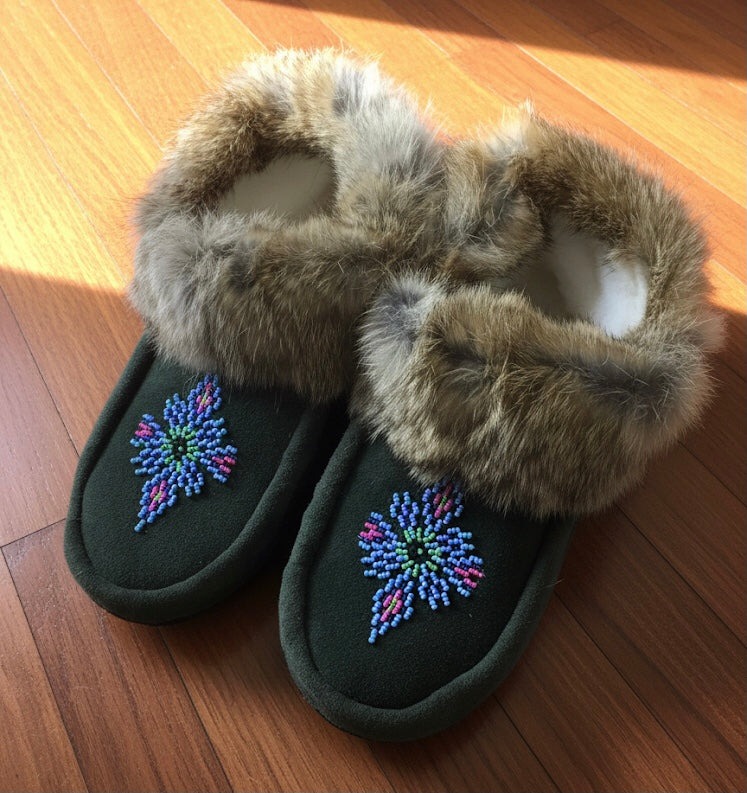 Black and Green Moccasins with Beadwork (Size 9)